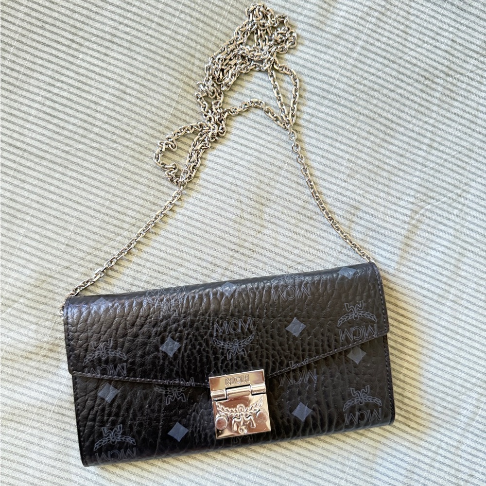MCM Black Clutch with Gold-Tone Accents